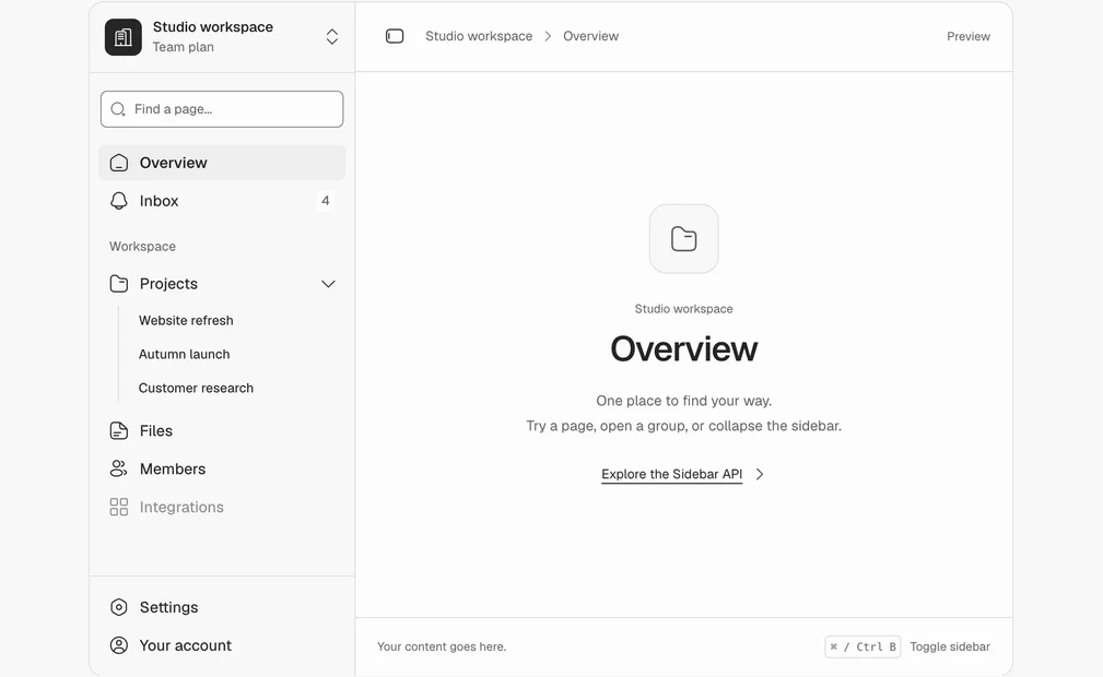 Sidebar component, live demo